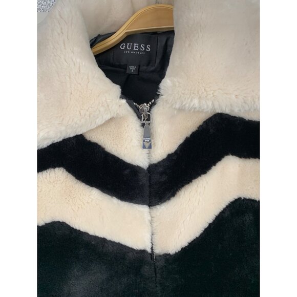 Guess Plush Teddy Cozy  Womens S Black & Beige Faux Fur Jacket Zip Crop RV10318 - Picture 8 of 12